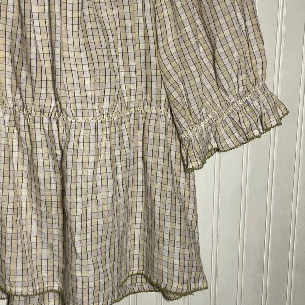 Old Navy Cottagecore Cream Plaid Peasant Top Puff Sleeve Smocked Ruffle - Large
